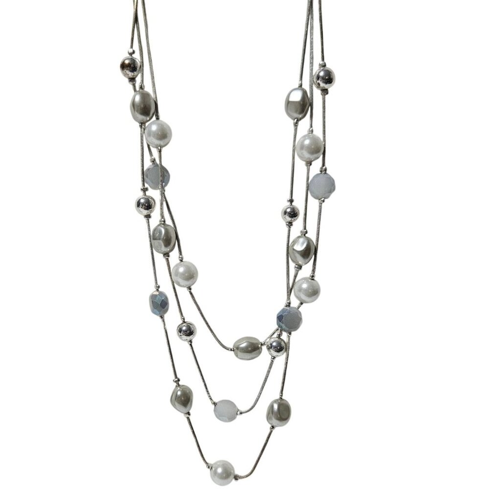 Elegant Faux Pearls Beads Silver Tone Multi Strand Necklace Minimalist  Jewelry